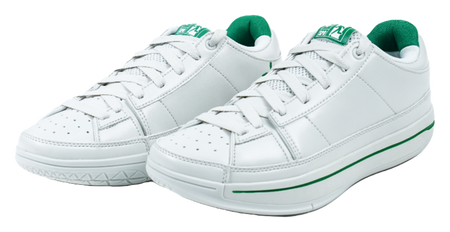 Pair of white low-top sneakers with green accents, lace-up front, and padded collar