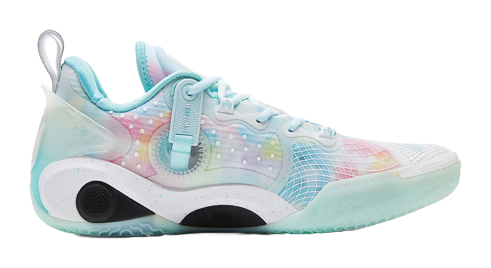 Light blue basketball shoe with multicolor side panel, white laces, and low sole