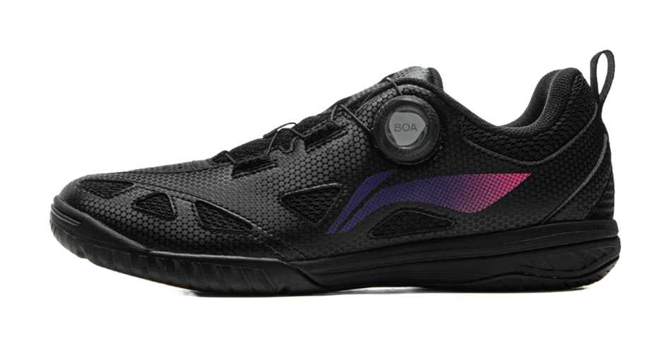 Black table tennis shoe with BOA dial and mesh-textured upper, low-profile sole