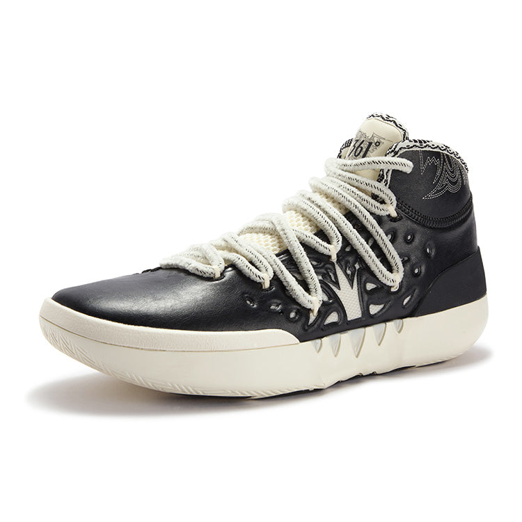 Men's basketball shoes, black mid-top with white laces and patterned side panel