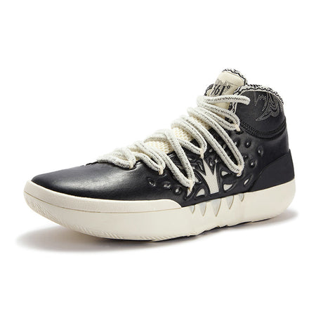 Men's basketball shoes, black mid-top with white laces and patterned side panel