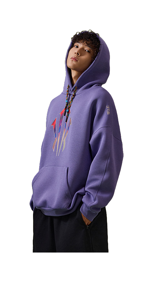 Purple unisex pullover hoodie sweatshirt on model, side view with front graphic and hood