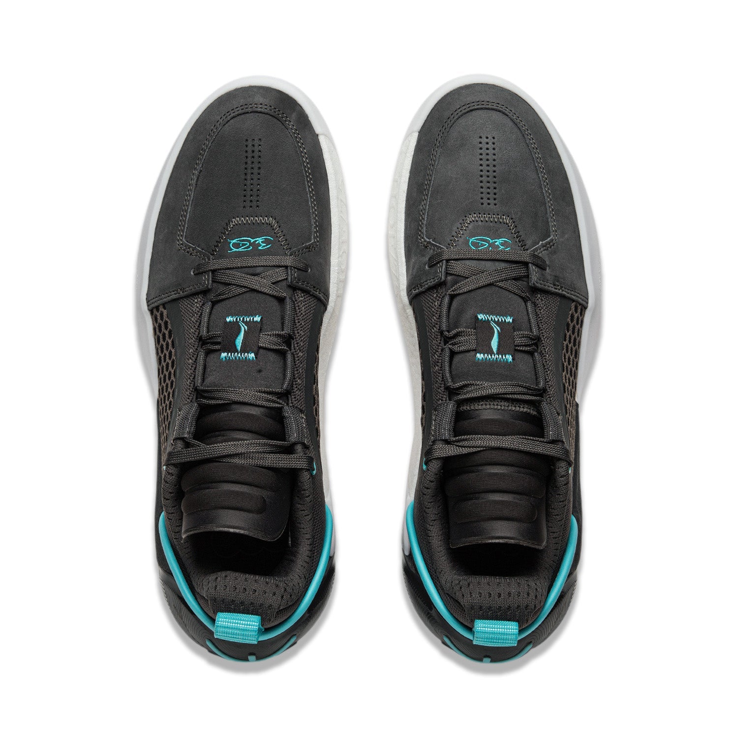 Pair of men's basketball shoes, dark charcoal uppers with teal laces and white midsoles