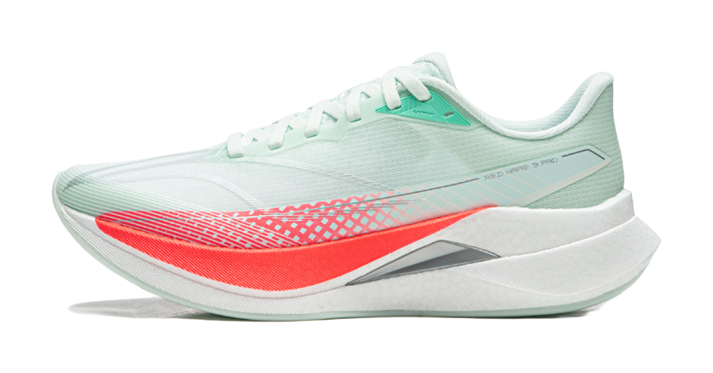 Light aqua running shoe with red accent midsole and mint lace-up upper