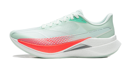 Light aqua running shoe with red accent midsole and mint lace-up upper