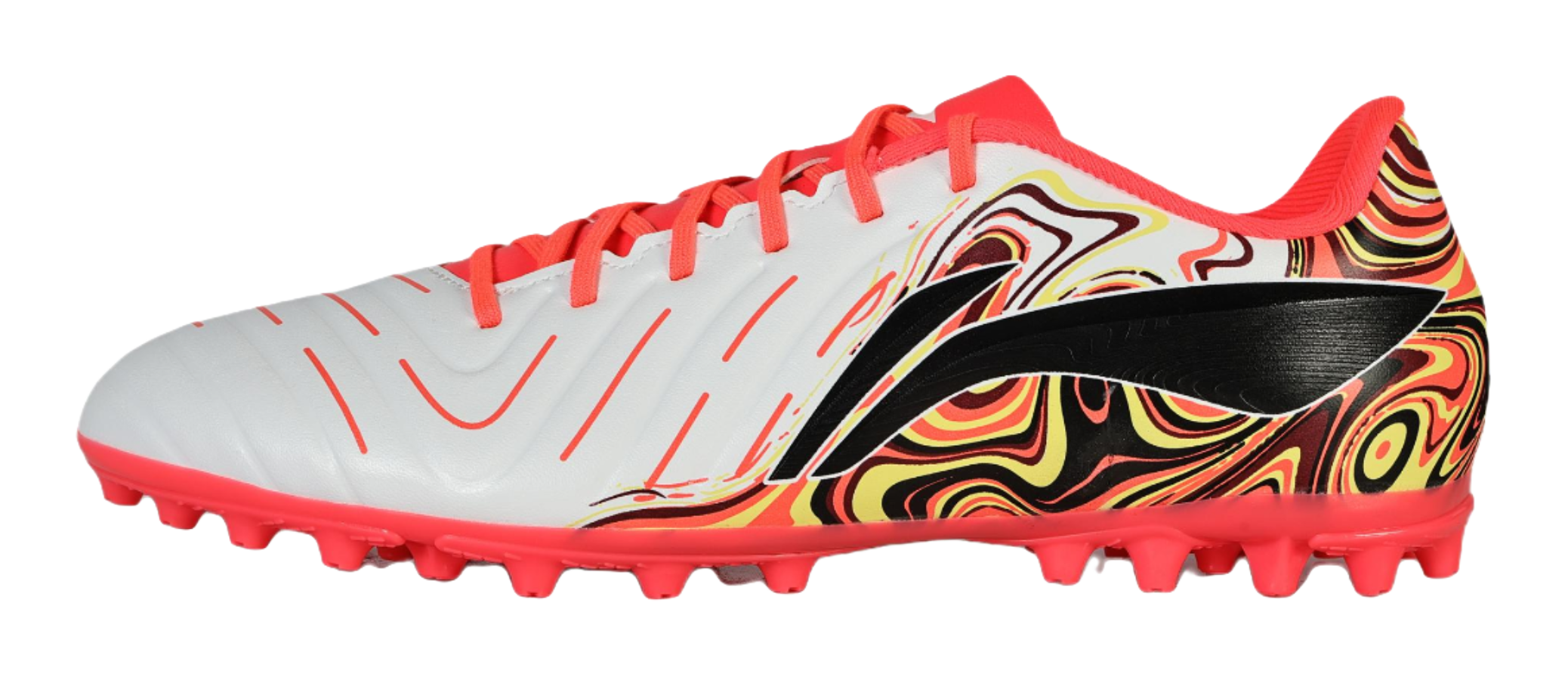 White and red unisex soccer shoe with neon laces, swirl graphic, and red stud sole