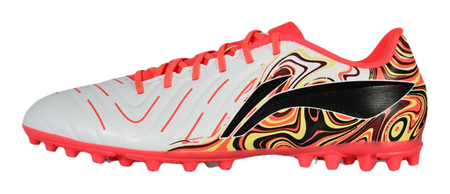 White and red unisex soccer shoe with neon laces, swirl graphic, and red stud sole