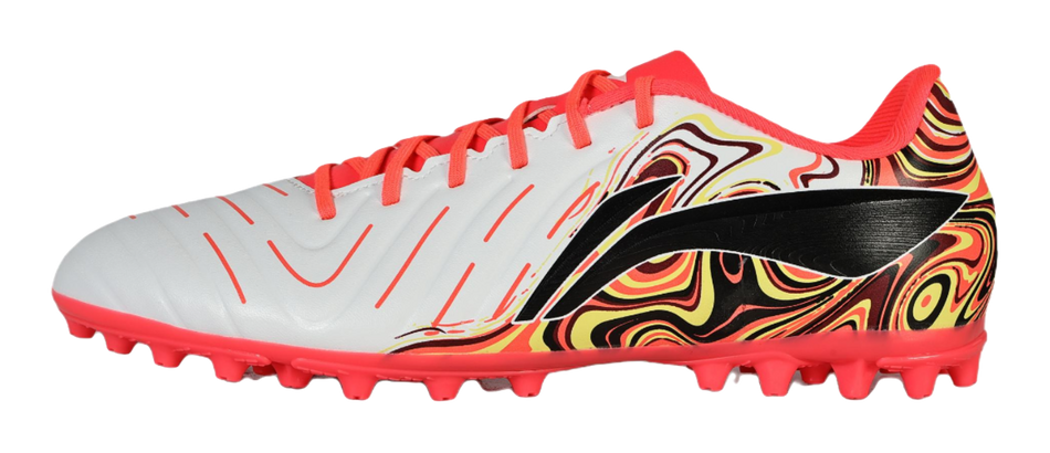 White and red unisex soccer shoe with neon laces, swirl graphic, and red stud sole