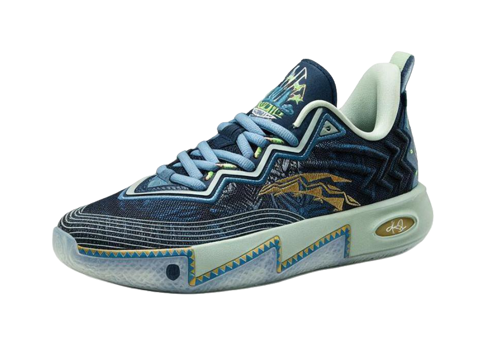 Low-top basketball sneaker in dark blue with light-blue accents and mint sole