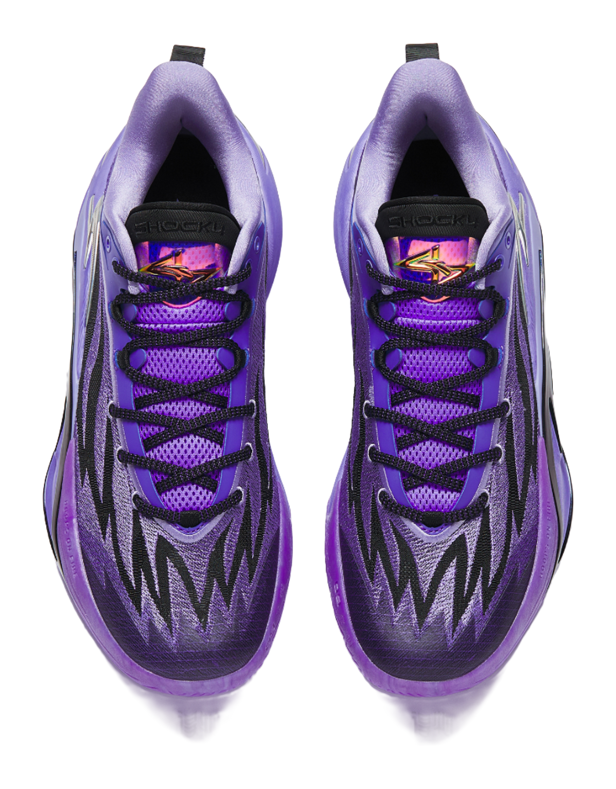 Purple basketball shoe pair with black laces, cushioned tongue, and collar detail.