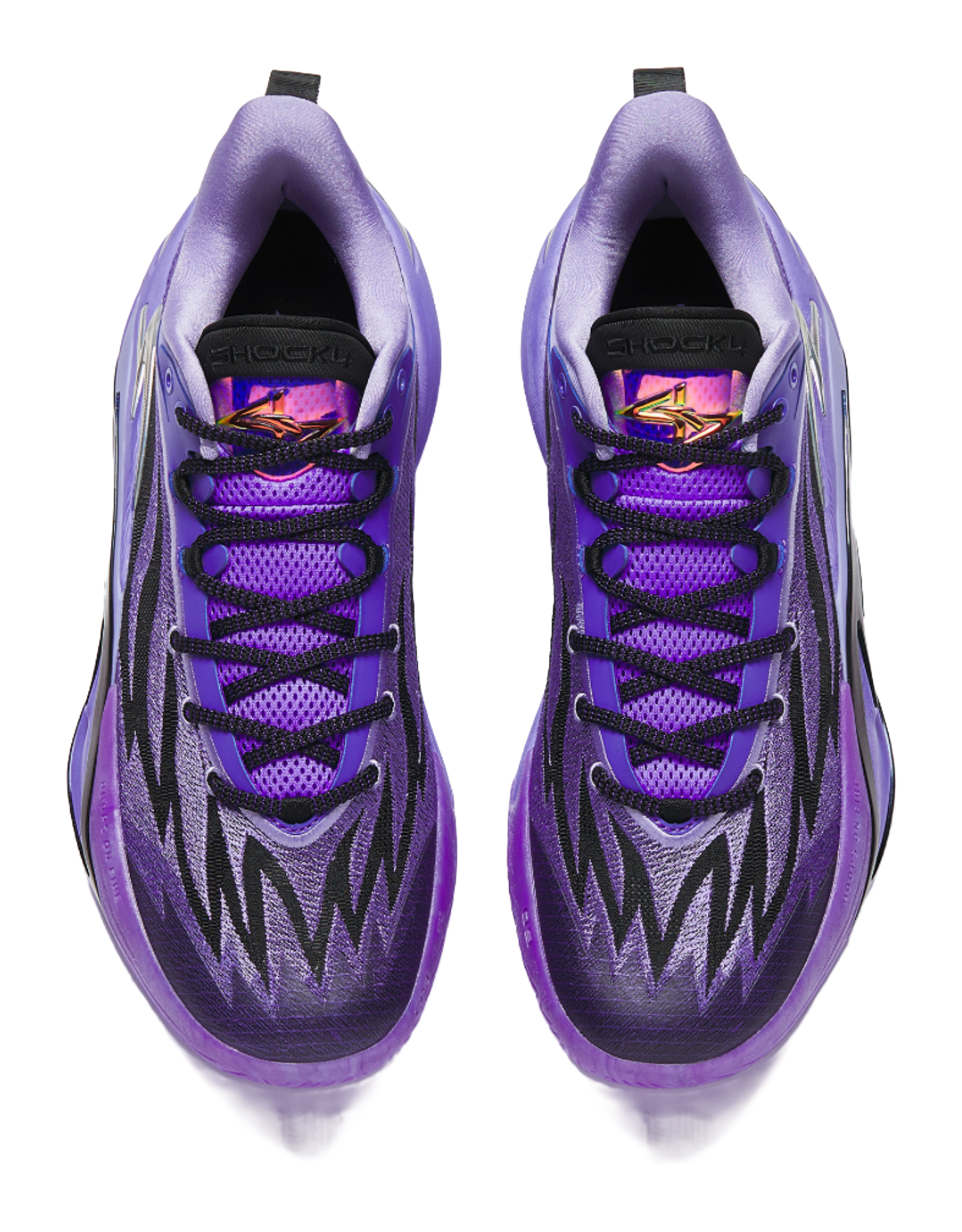 Purple basketball shoe pair with black laces, cushioned tongue, and collar detail.