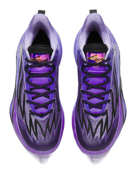 Purple basketball shoe pair with black laces, cushioned tongue, and collar detail.