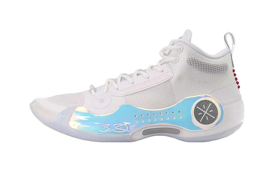 Unisex mid-top basketball shoe, white with blue/gray accents and lace-up closure