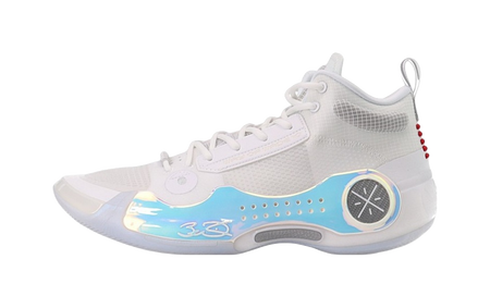 Unisex mid-top basketball shoe, white with blue/gray accents and lace-up closure