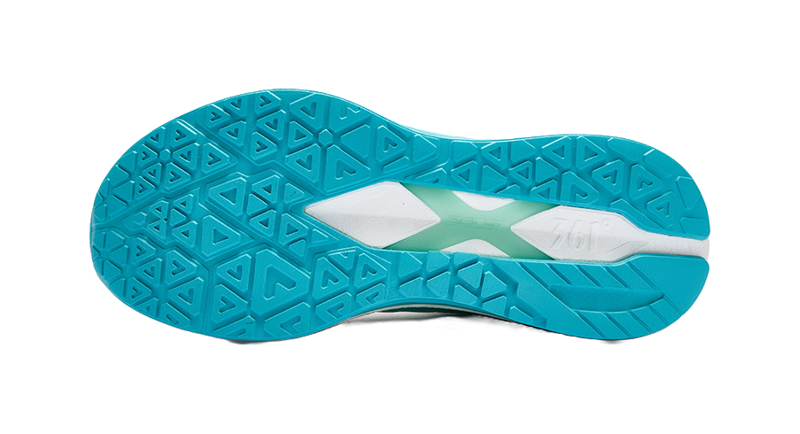 Men's running shoe outsole, teal tread pattern with white and blue foam pods