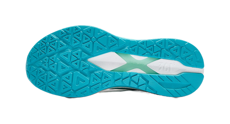 Men's running shoe outsole, teal tread pattern with white and blue foam pods