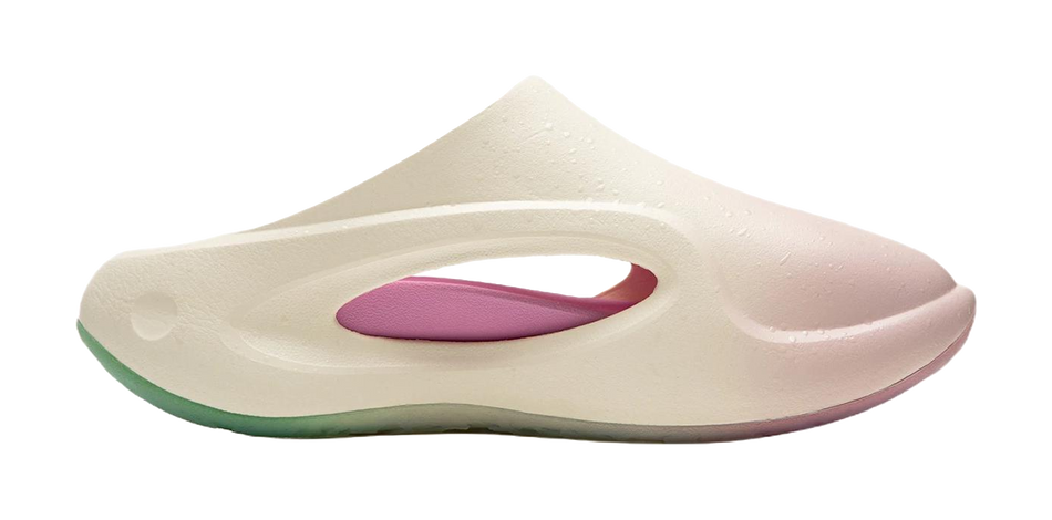 Off-white slide slippers with pink-purple footbed and green sole edge
