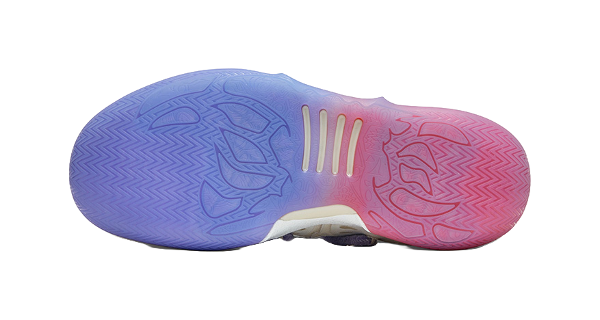 Outsole of low basketball shoe, textured blue and pink traction pattern