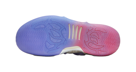 Outsole of low basketball shoe, textured blue and pink traction pattern