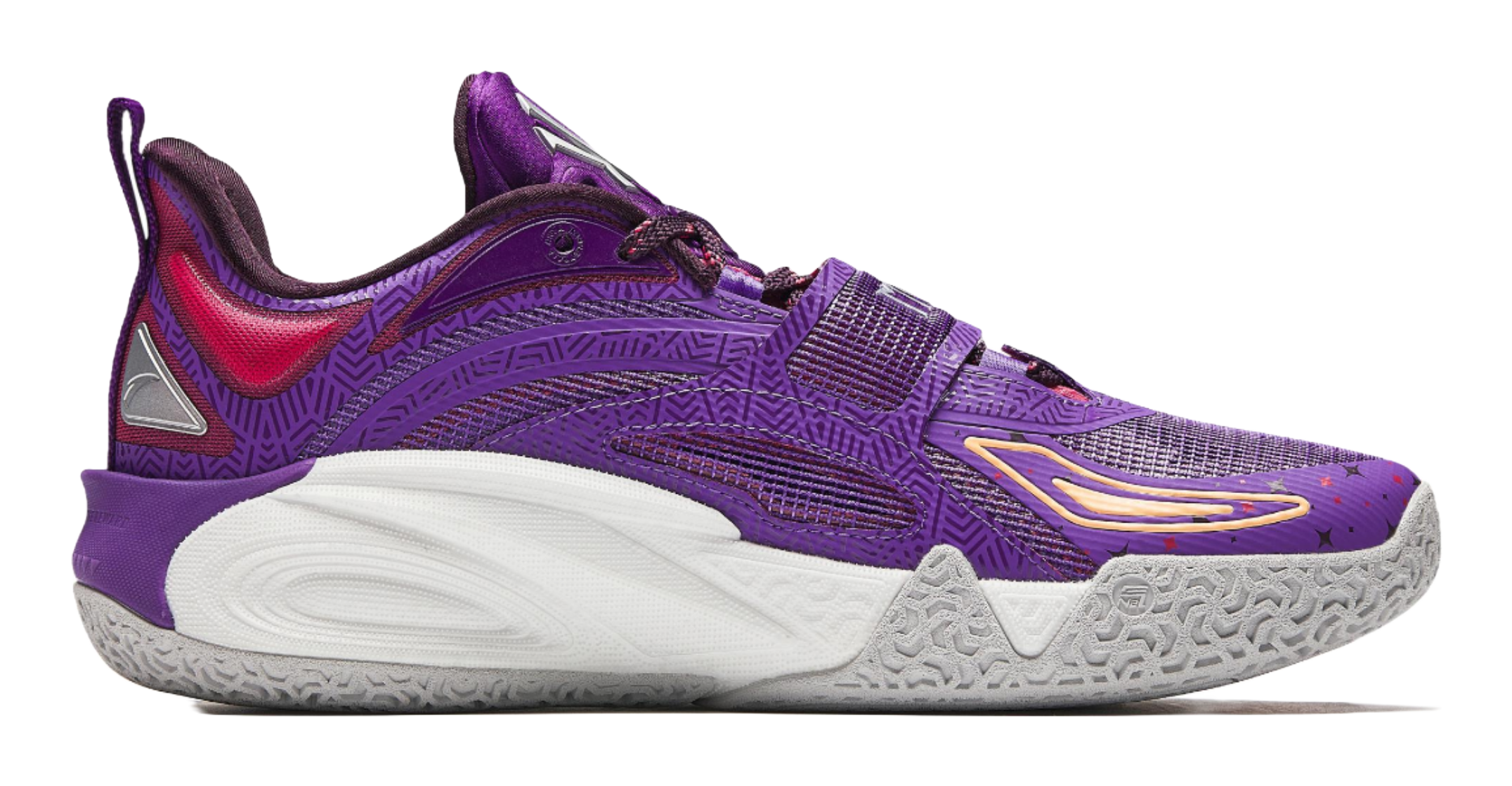 Purple basketball shoe with red heel accents, strap details, and white/gray outsole.