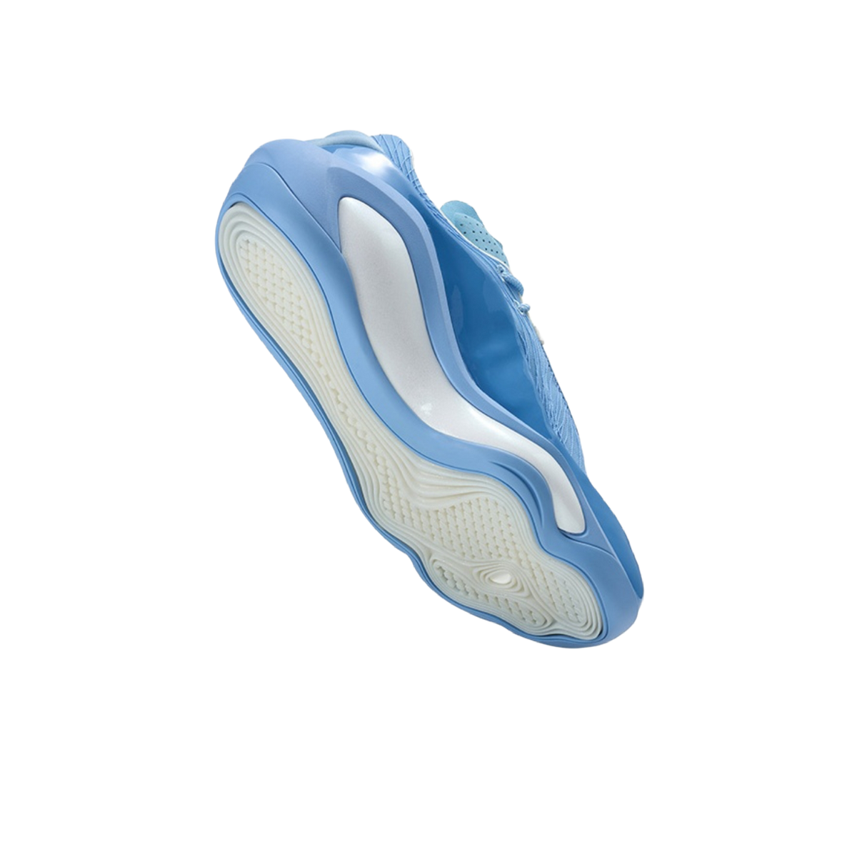 Blue basketball shoe with textured upper and white midsole stripe