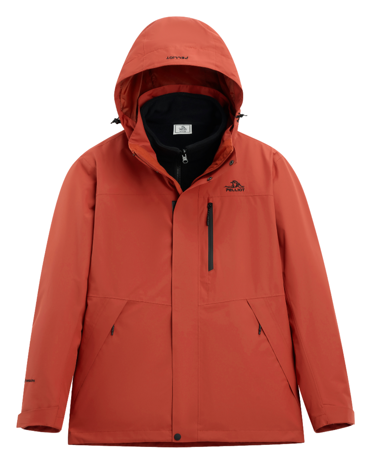 Rust red men’s hooded windbreaker jacket with zip front and vertical chest zip
