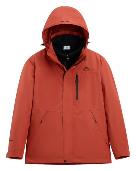 Rust red men’s hooded windbreaker jacket with zip front and vertical chest zip