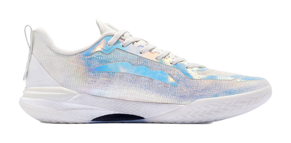 Unisex basketball shoe, light gray upper with blue graphic accents, low-top lace-up.