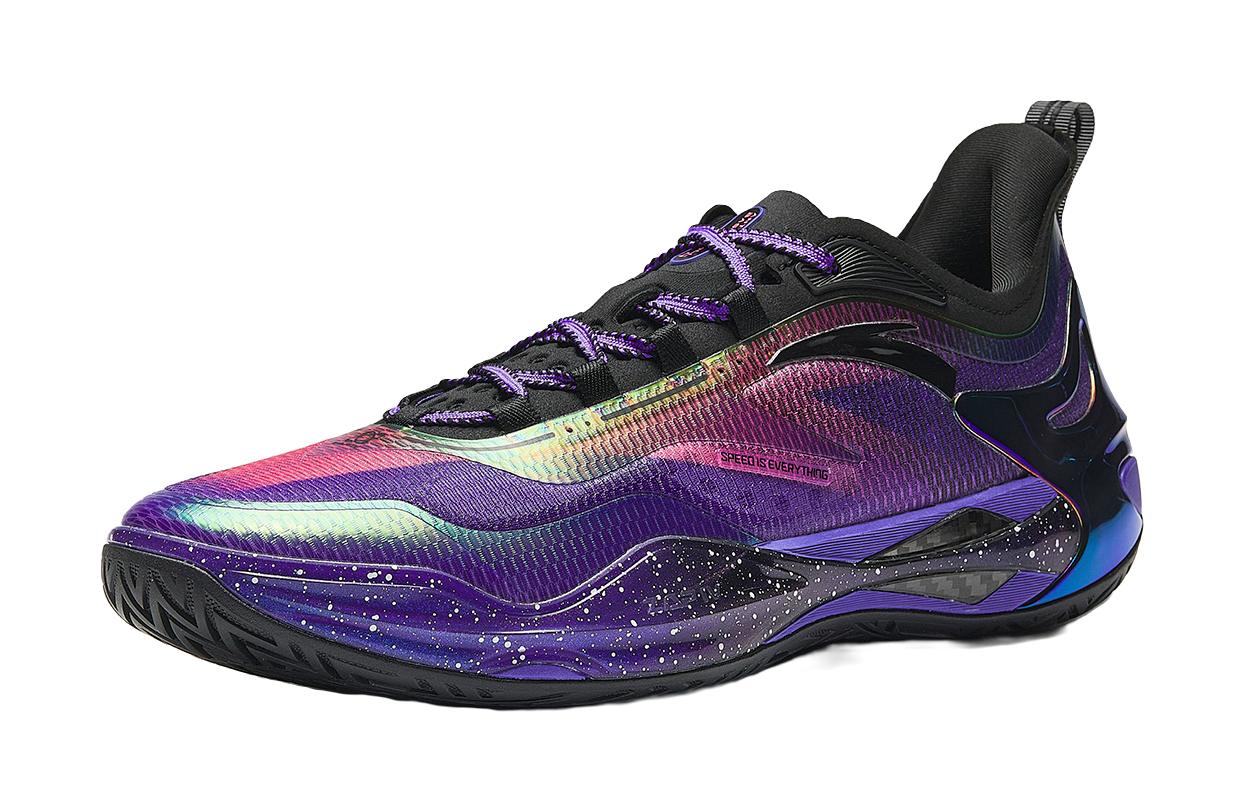 ANTA mens low-top basketball shoes, purple upper with neon green and pink accents, lace-up