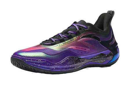 ANTA mens low-top basketball shoes, purple upper with neon green and pink accents, lace-up