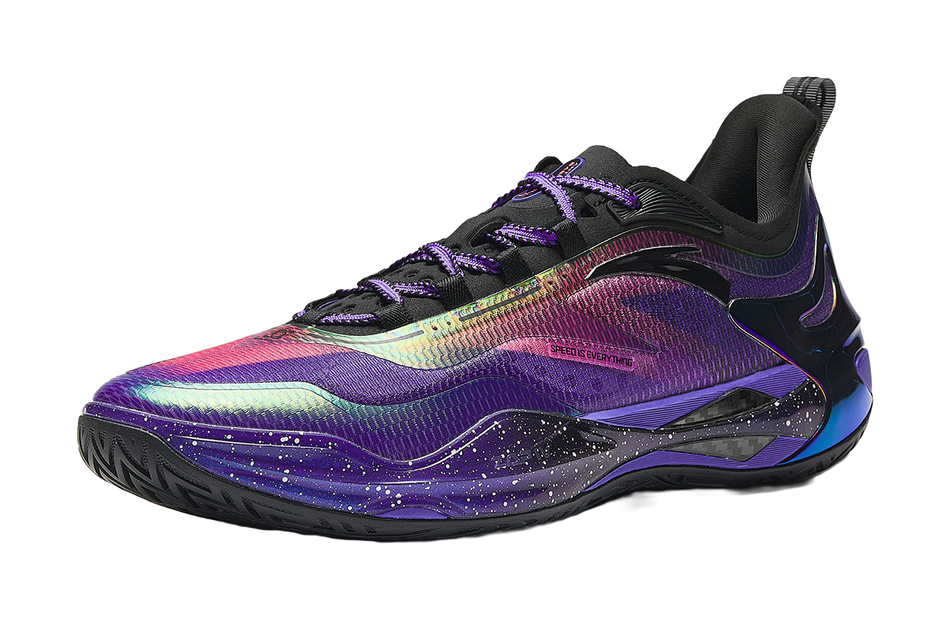 ANTA mens low-top basketball shoes, purple upper with neon green and pink accents, lace-up