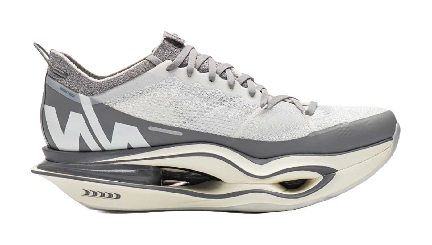 Li Ning x NINEPointNINE low-top running shoes, white knit with gray side panels, lace-up