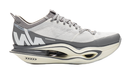 Li Ning x NINEPointNINE low-top running shoes, white knit with gray side panels, lace-up