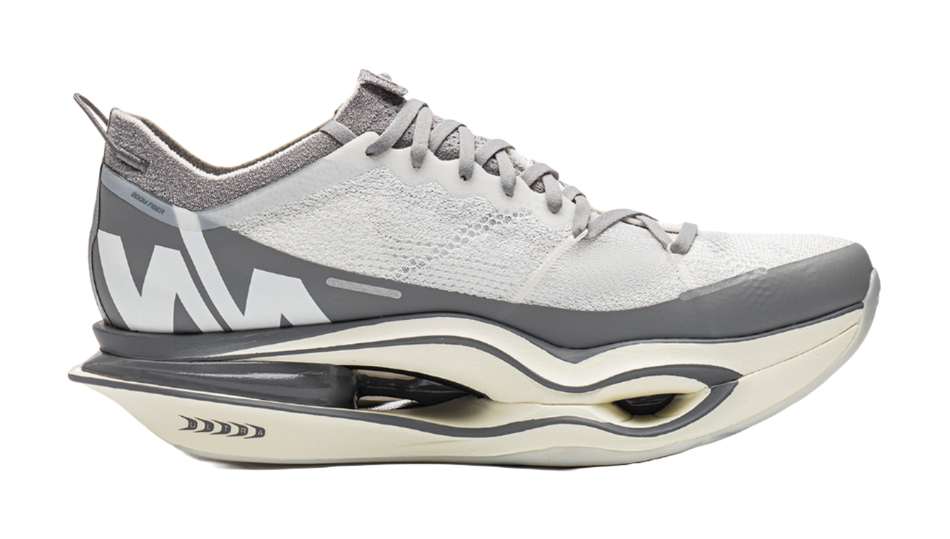 Li Ning x NINEPointNINE low-top running shoes, white knit with gray side panels, lace-up