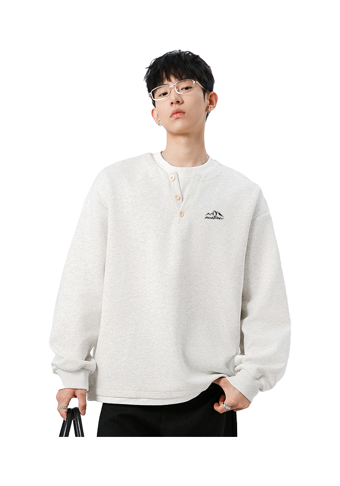 Warrior Revival Wind and Wave Series American Trendy College Style Letter Print Color Contrast Splicing Fake Two Piece Loose Casual Versatile Hoodie Bottom Wear Warm Henley Collar Long Sleeve T-shirt Unisex  vjsneaker.com