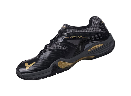 Unisex badminton shoe, black upper with gold P8510 stripe and side logo panels