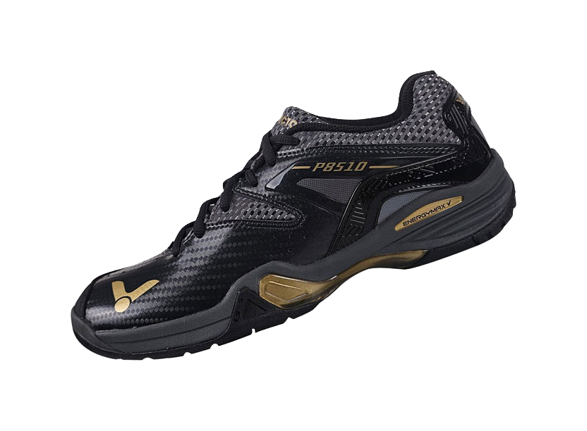 Unisex badminton shoe, black upper with gold P8510 stripe and side logo panels