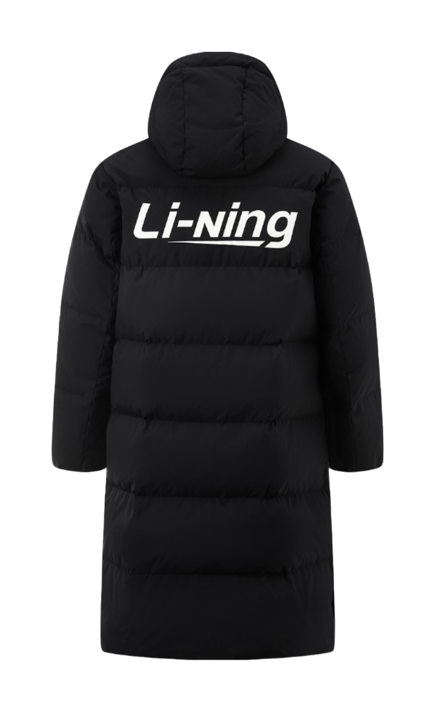 Men's black long hooded down jacket, Li-Ning logo on back, front zipper