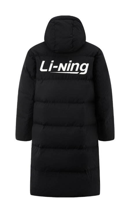 Men's black long hooded down jacket, Li-Ning logo on back, front zipper