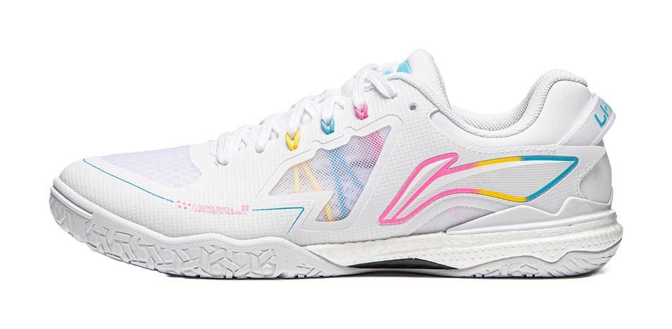 Table tennis shoe, white upper with pink and blue accents, lace-up, low profile