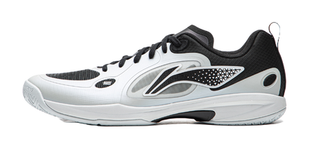 Table tennis shoe with white upper, black lace-up, and side logo accents