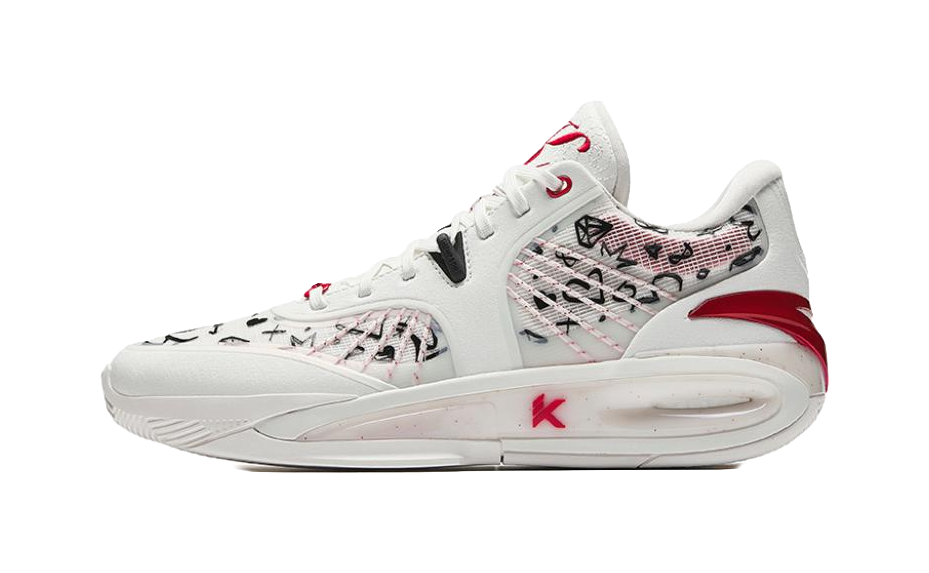 White basketball sneaker with red accents and patterned side panel, lace-up closure