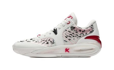 White basketball sneaker with red accents and patterned side panel, lace-up closure