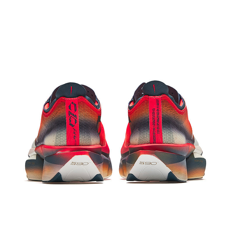 Men's marathon racing shoe, heel view pair in red-orange gradient with navy collar