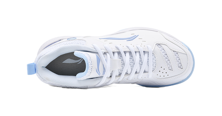 White badminton shoe with mesh tongue and padded collar, side opening visible