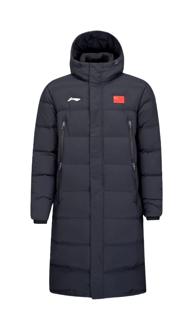 Black hooded long puffer down jacket with front zipper, side pockets, and logo patch