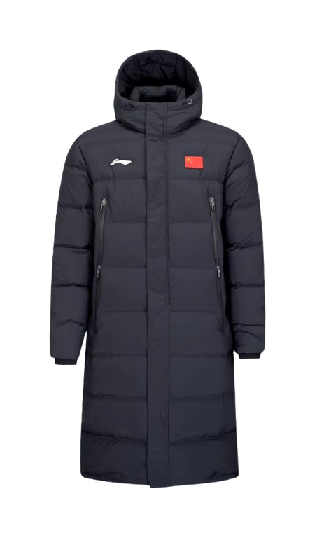 Black hooded long puffer down jacket with front zipper, side pockets, and logo patch