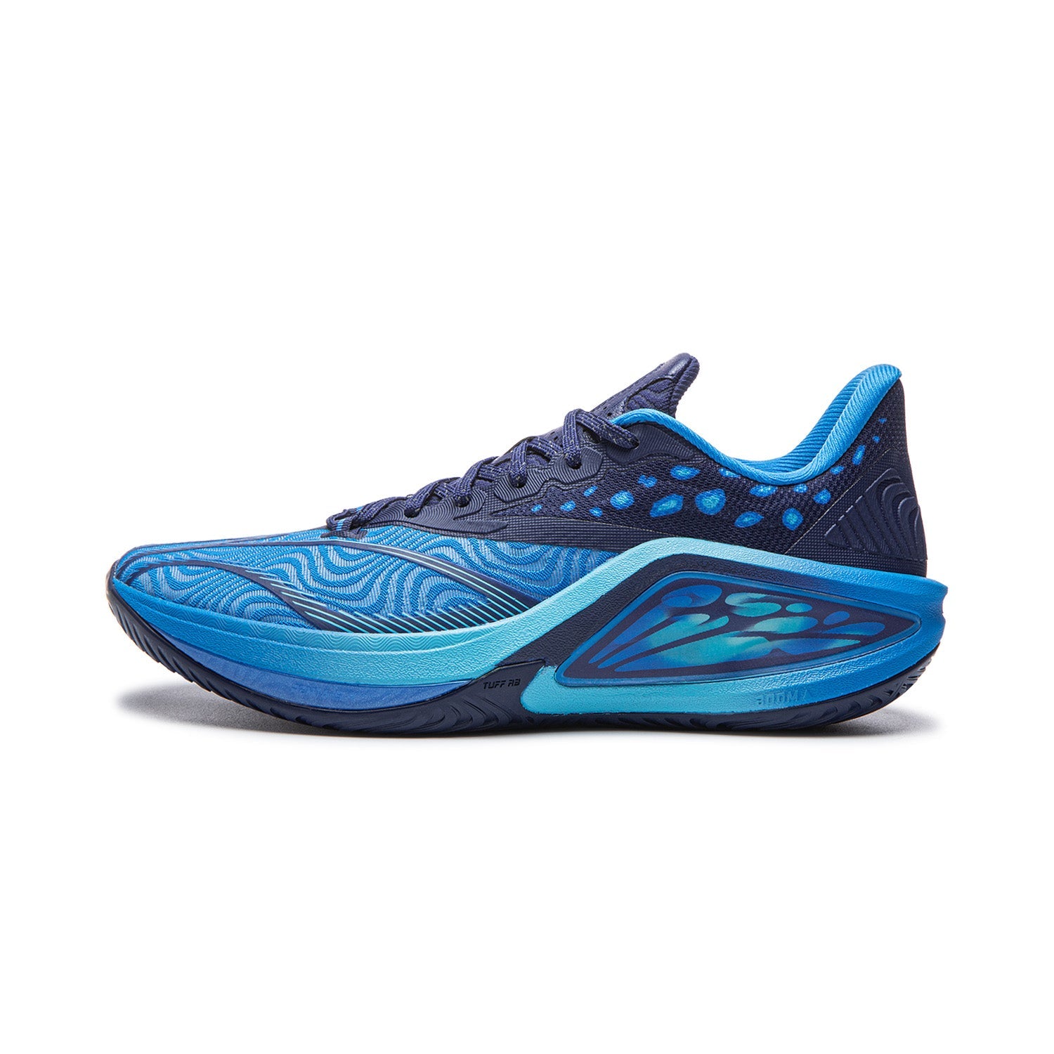 Men's basketball shoe with navy upper, blue accents, and textured wave upper pattern