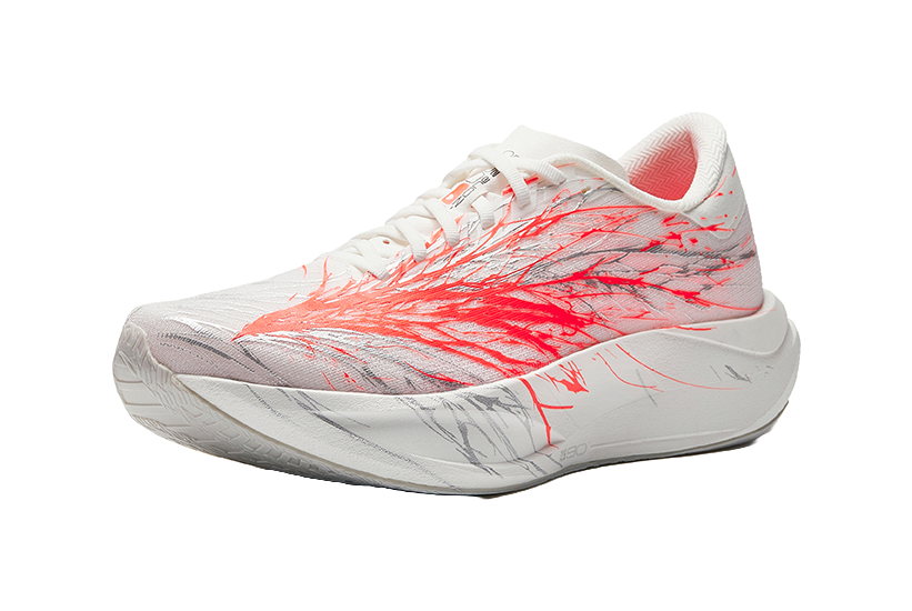 White running shoe with red graphic overlay, lace-up, light gray midsole