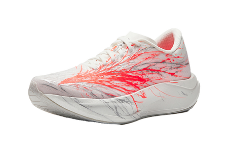 White running shoe with red graphic overlay, lace-up, light gray midsole